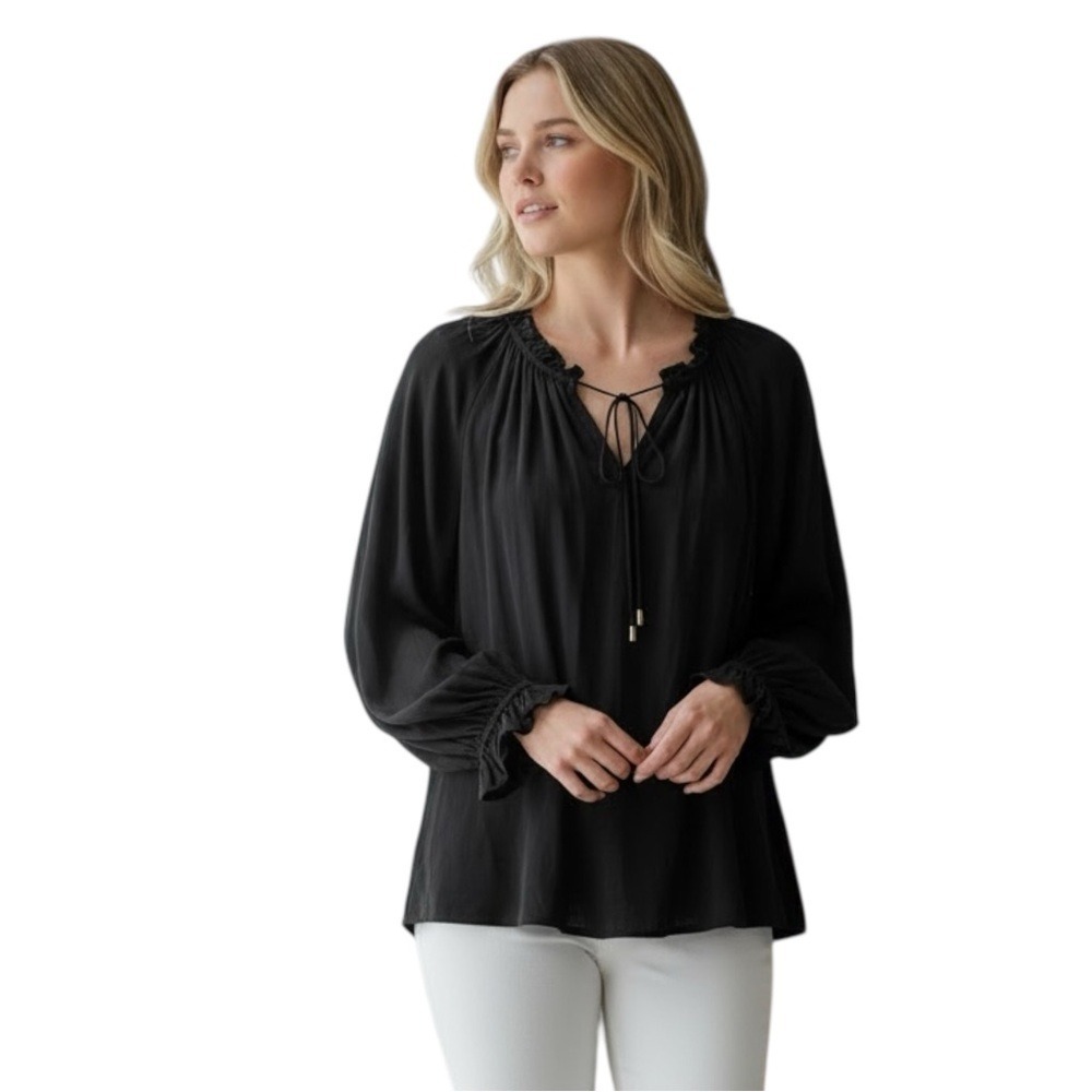 Olivaceous Peasant-Style Long Sleeve Relaxed‎ Style Blouse, Black, Size Small